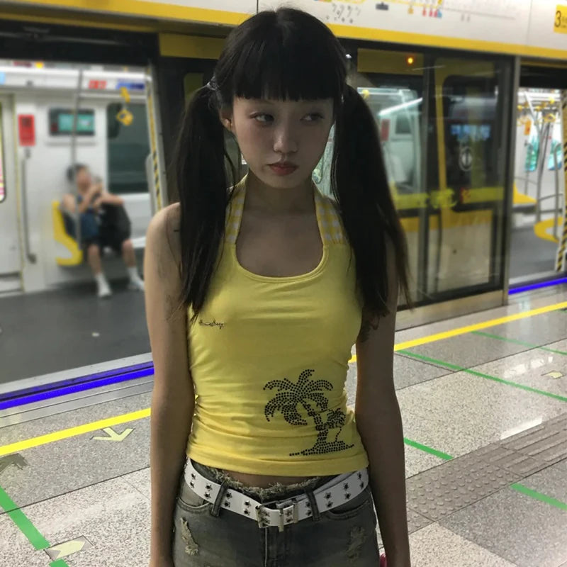 BXOXO Y2k Japanese Tank Tops Lace Up Print Graphic Tops Streetwear Sleeveless T Shirt Women Y2k Vintage Backless Summer Tanks
