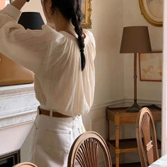Bxoxo Retro Ele Gentle round Ne Pleated Long Sve irt Translucence Single Button Loose Fit Lantern Sve Pure Color Wome...