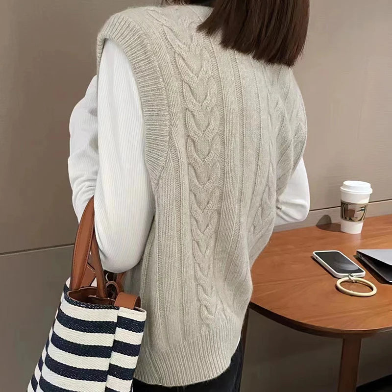 BXOXO Women Double-breasted Wool Cardigan Vest O-Neck Rib Warm Sweater Vest Knit Casual Waistcoat For Women Fall Winter