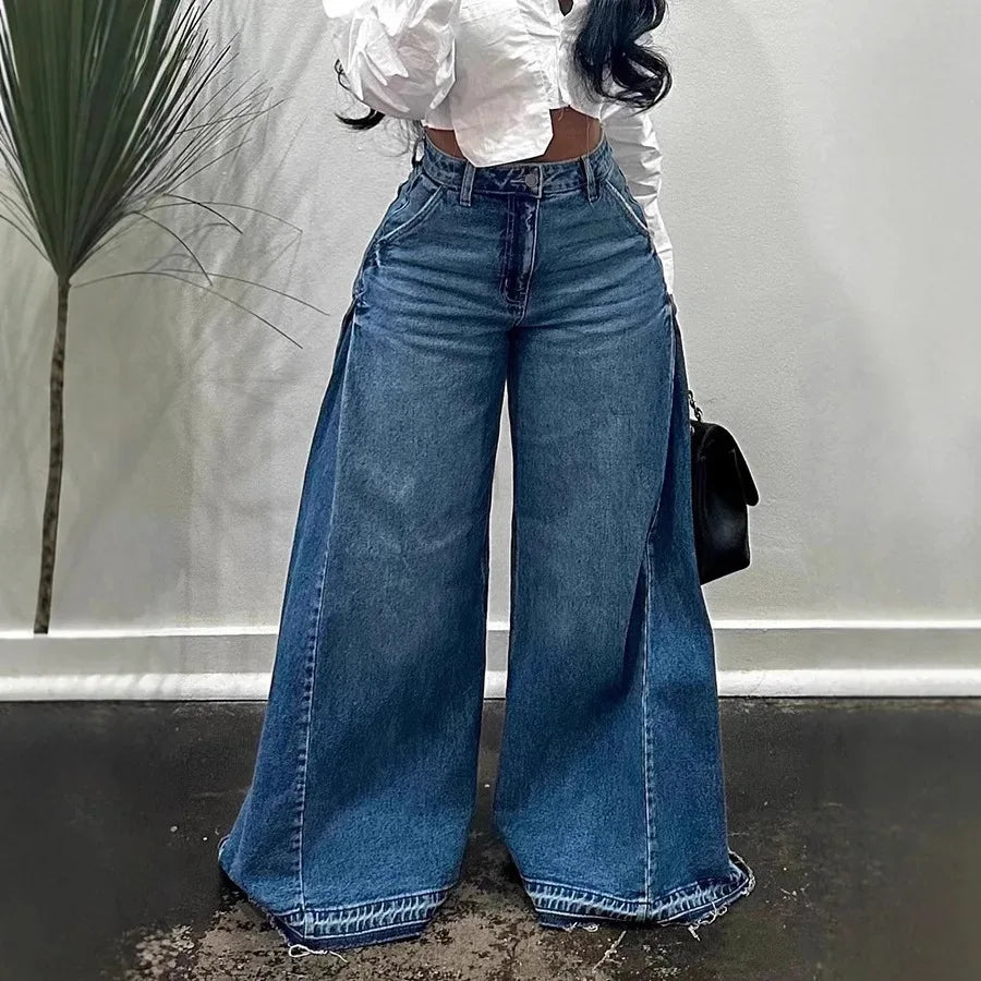 Bxoxo Blue Washed Women Flared Jeans Harajuku Y2k Oversized Wide Leg Spliced Tassel Denim Pants Baggy American Retro Trousers