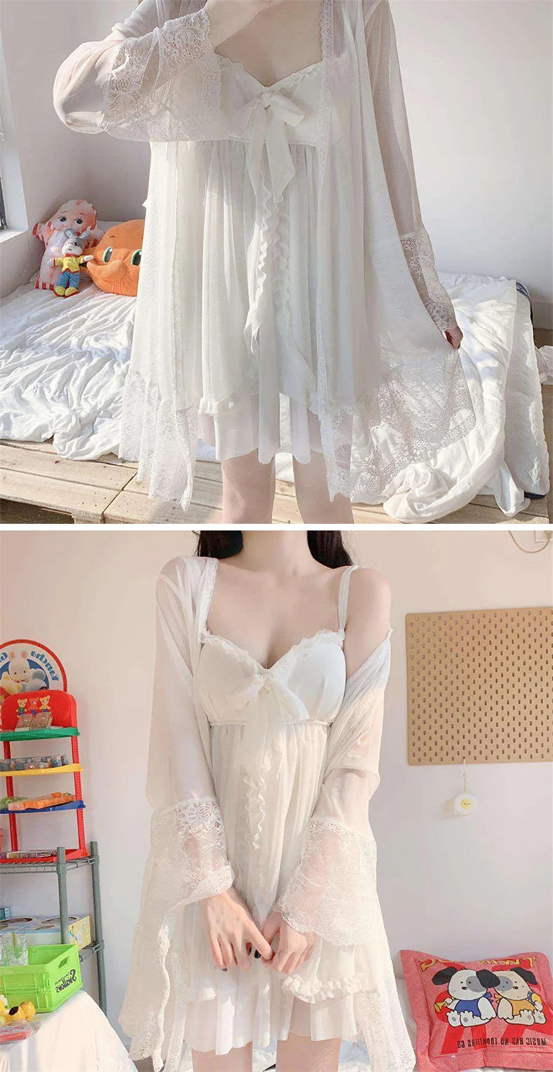 Bxoxo Elegant Sweet Simple Solid White Women Robe Gown Sets Chic Lace Bow Mesh  Sleepwear Breathable Slim Nightdress
