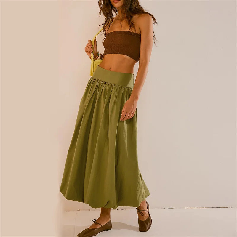 Bxoxo Skirts y2k Women Summer Elegant Solid Color High Waist Loose Fitting Long Bubble Skirt Office Ladies Skirts Streetwear