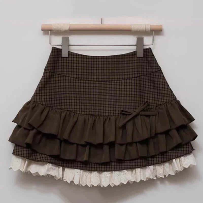 Bxoxo Japanese Sweet Lolita Mini Skirts Women Y2K Kawaii Lace Patchwork Bow Cake Skirt Femme High Waist Preppy All Match A Line Skirts