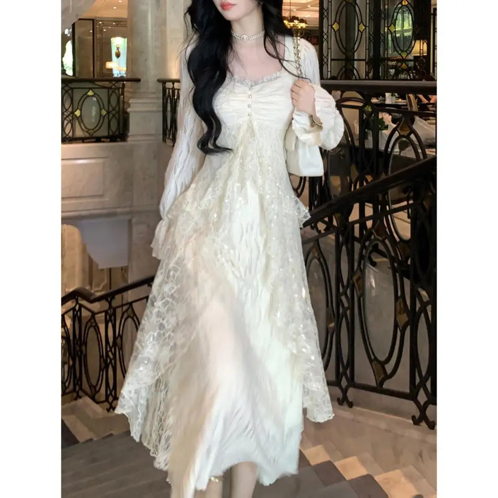 BXOXO Elegant Solid Ruffles Fairy Dresses Korean Lace Patchwork Slim Waist A Line Dress Women Princess Party Vestidos Female Robe New