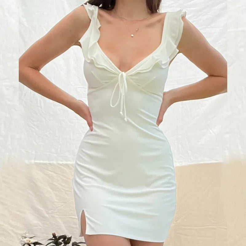 Bxoxo Solid Deep V-neck Sleeveless Dress Summer Elegant Women Ruffles Split Mini Dresses Sexy Slim Party Clubwear Vestido