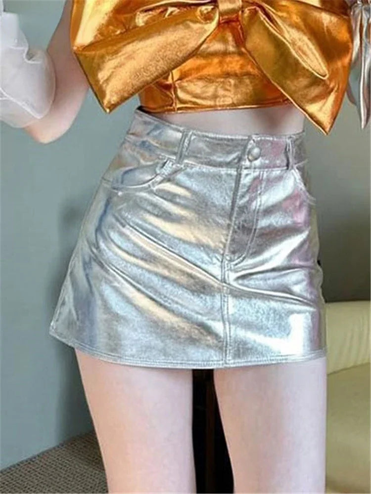 Bxoxo Summer Autumn Pink Silver Reflective Shiny Patent Leather Mini Skirts for Women High Waist A Line Short Sexy Y2K Clothes