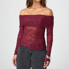 BXOXO Womens Off Shoulder Sheer Tops Floral Lace Chest Folding Boat Neck Long Sleeve Casual T-Shirt for Parties Streetwear