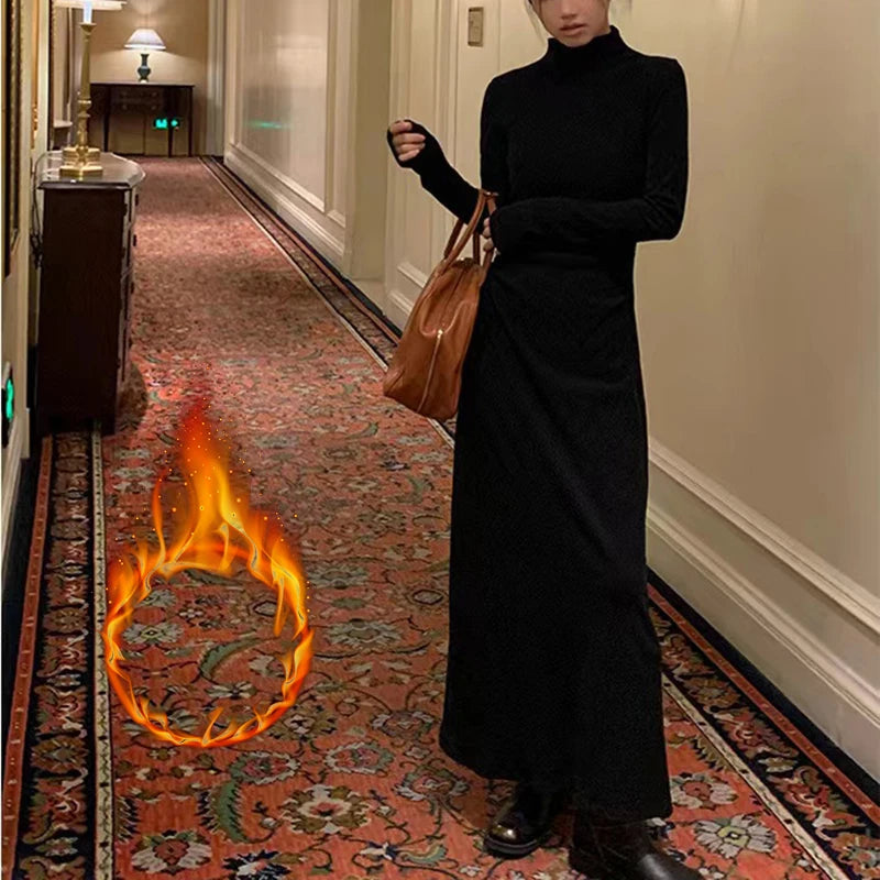 BXOXO  Autumn Half Turtleneck Dress Women Korean Elegant Black Hepburn Style Midi Dress Y2K High Waist Long Sleeve Warm A Line Vestidos