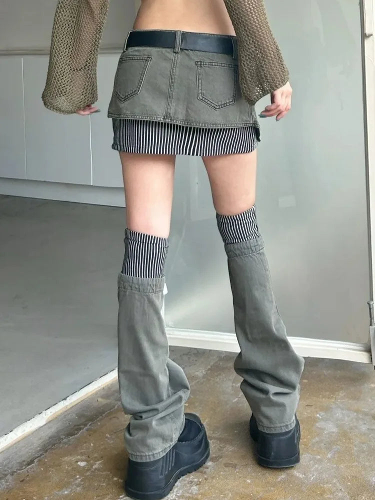 BXOXO American Retro Stripe Patchwork Denim Skirts Y2k Irregular High Waist Skirt for Women+ Leg Warmer Spring New Two Piece Sets