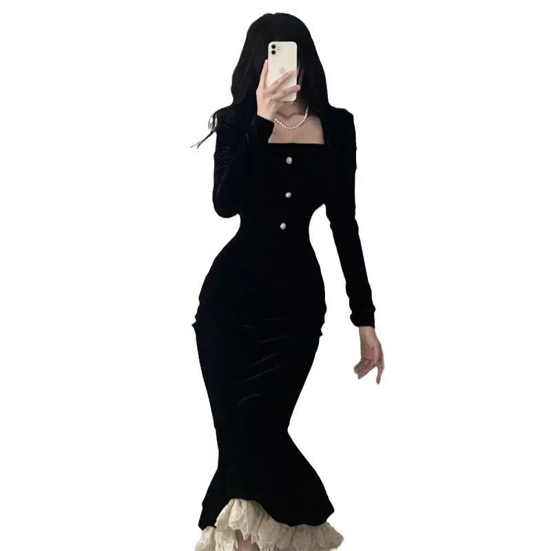 BXOXO Elegant Black Velvet Dress Women's Long Sleeve Fish Tail Simple Style European And American Fashion Autumn/Winter French Chic