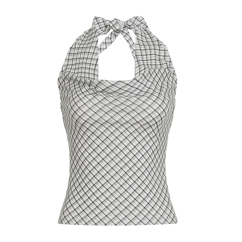 Bxoxo Summer Retro Plaid Print Halter Tank Top y2k Aesthetic Sleeveless Lace-up Backless Cropped Tops Women Vintage 2000s Vest
