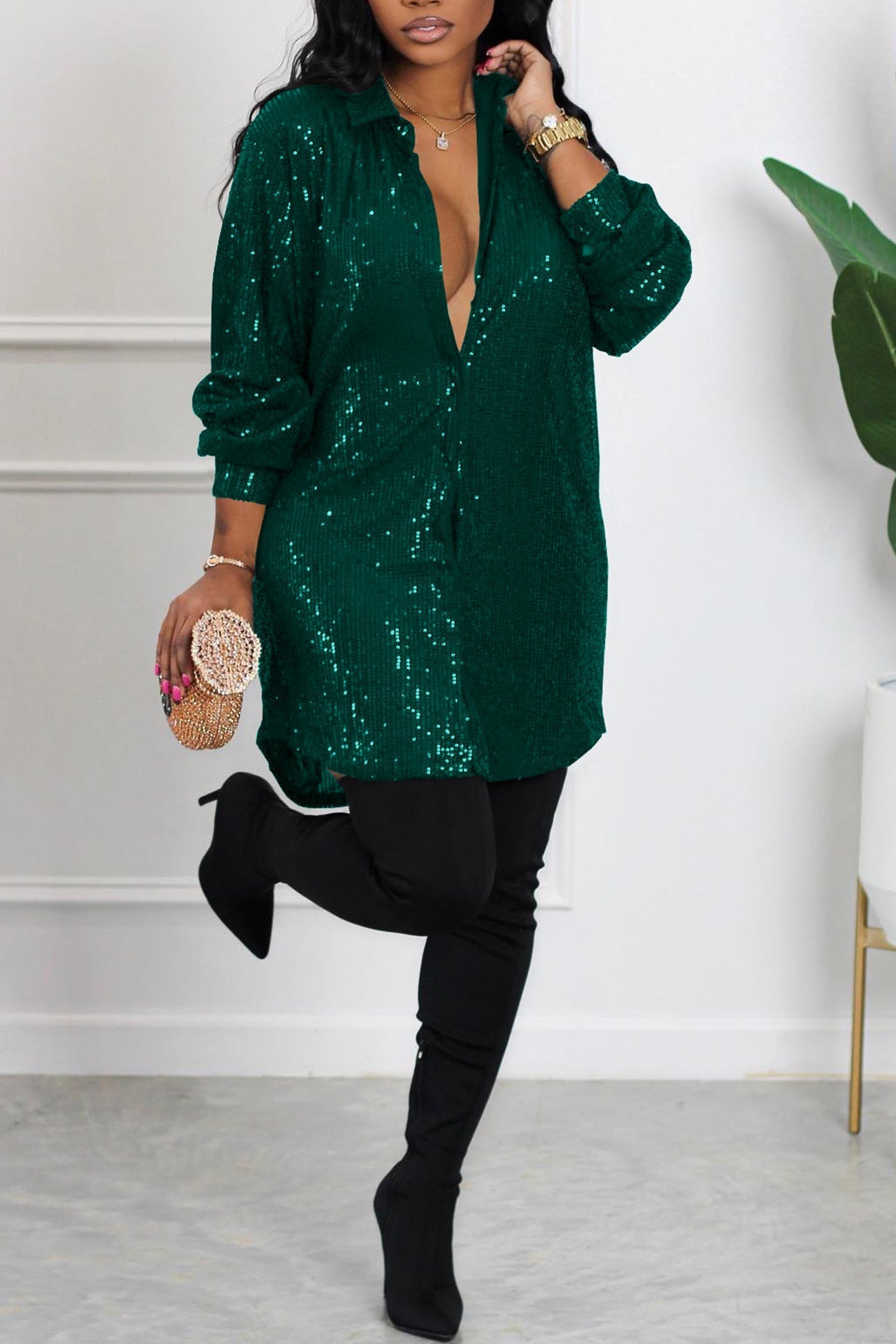 BXOXO - Sequins Solid Shirt Dress