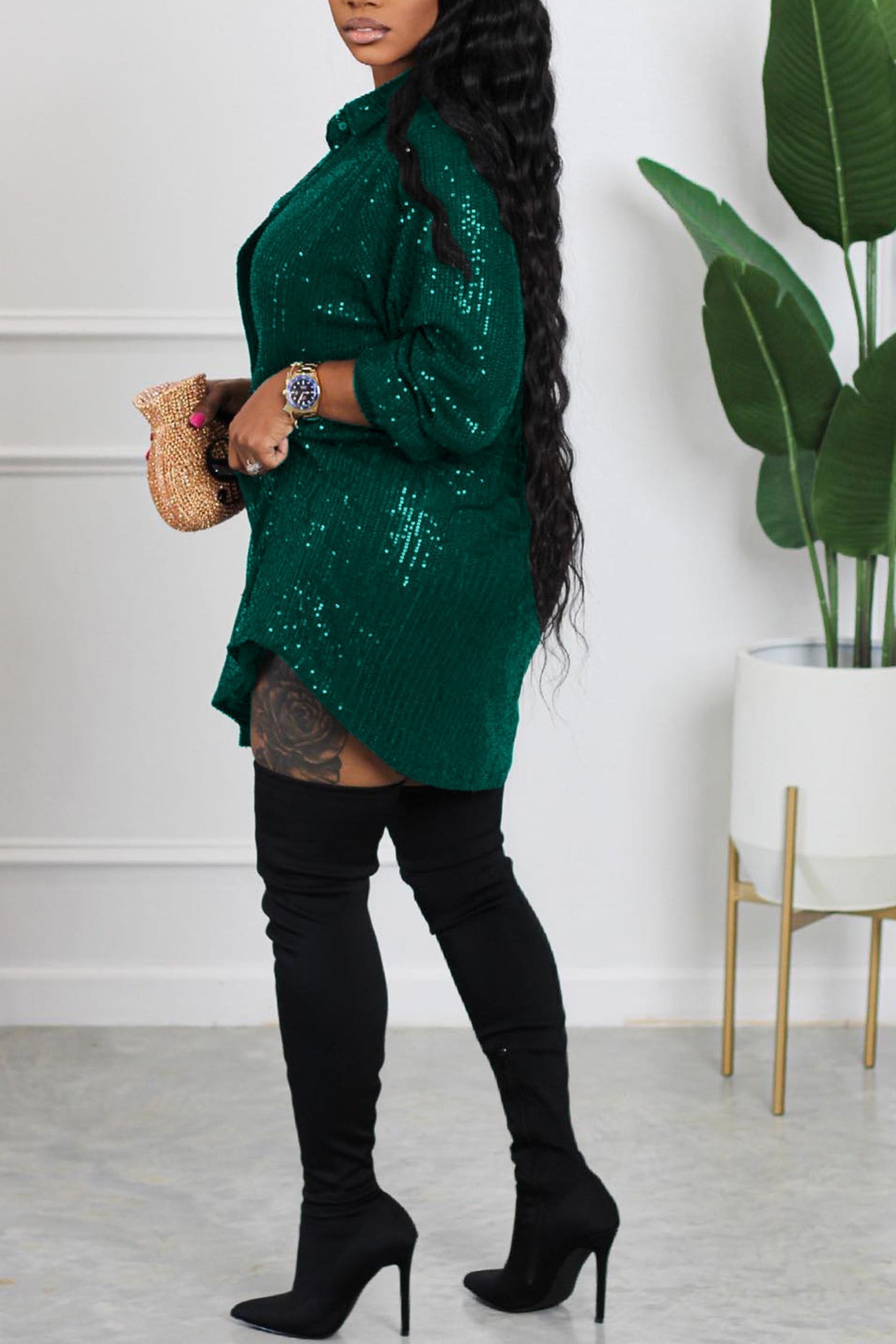 BXOXO - Sequins Solid Shirt Dress