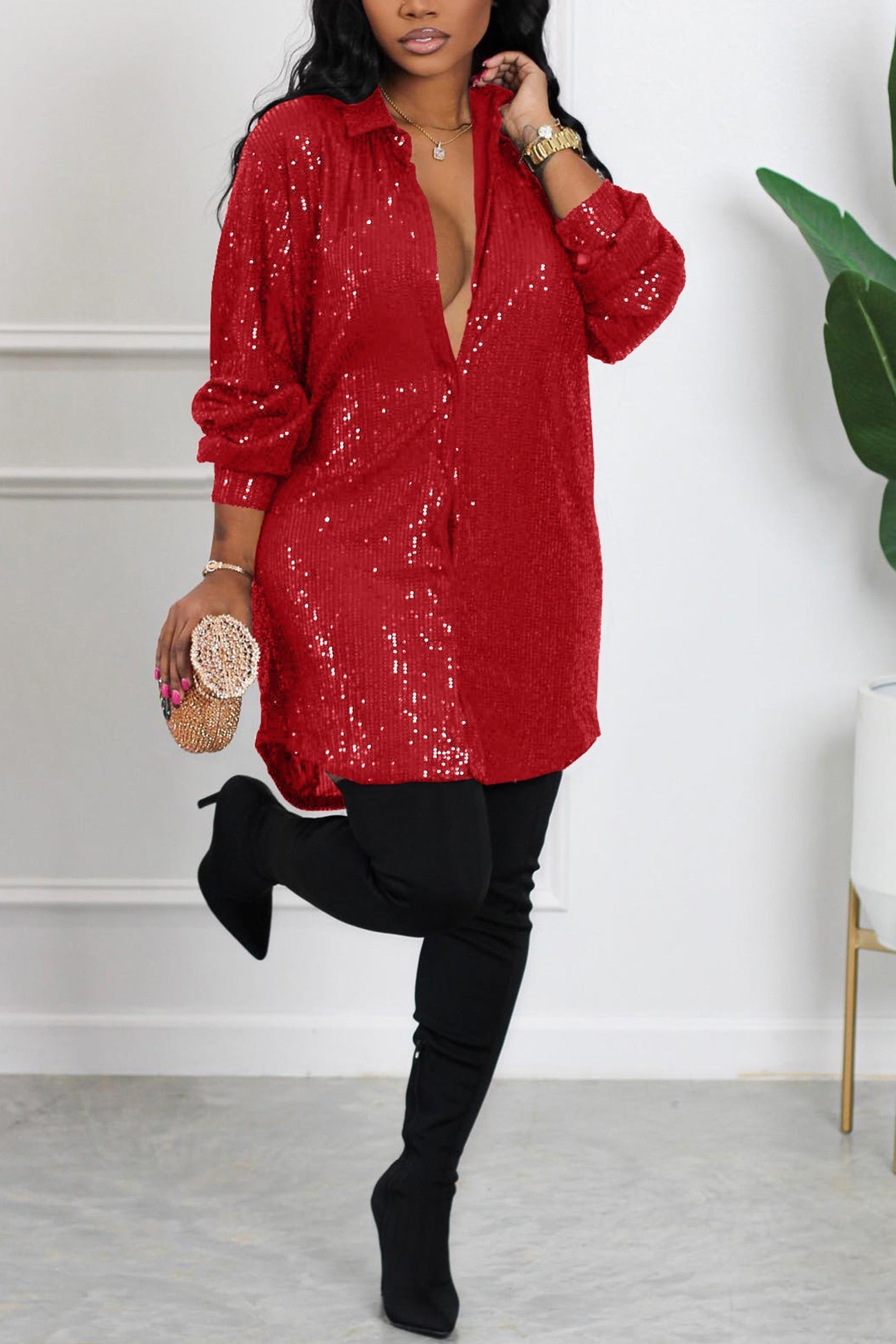 BXOXO - Sequins Solid Shirt Dress