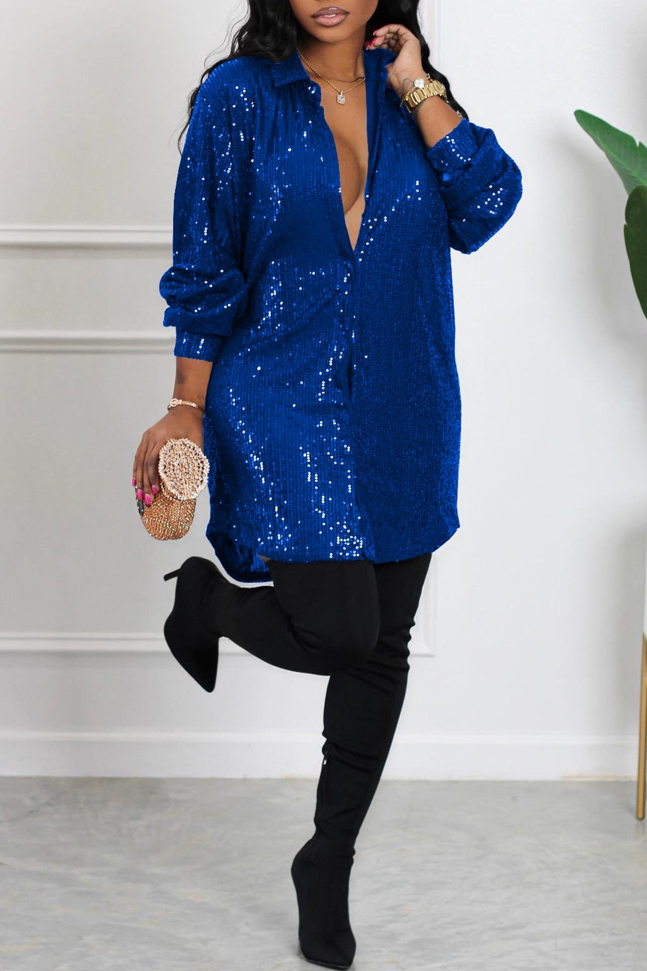 BXOXO - Sequins Solid Shirt Dress