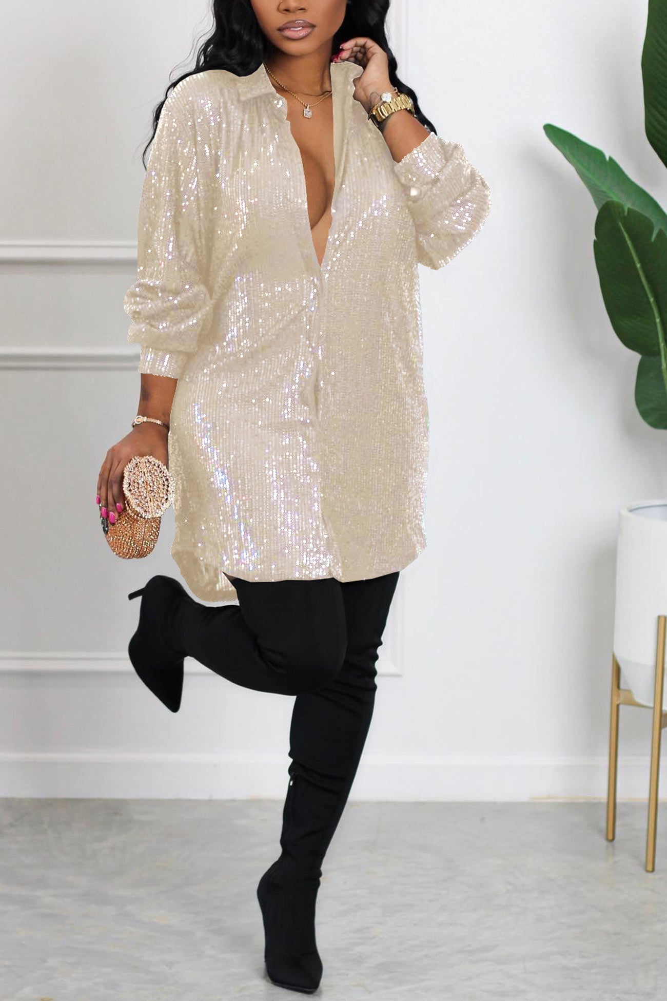 BXOXO - Sequins Solid Shirt Dress