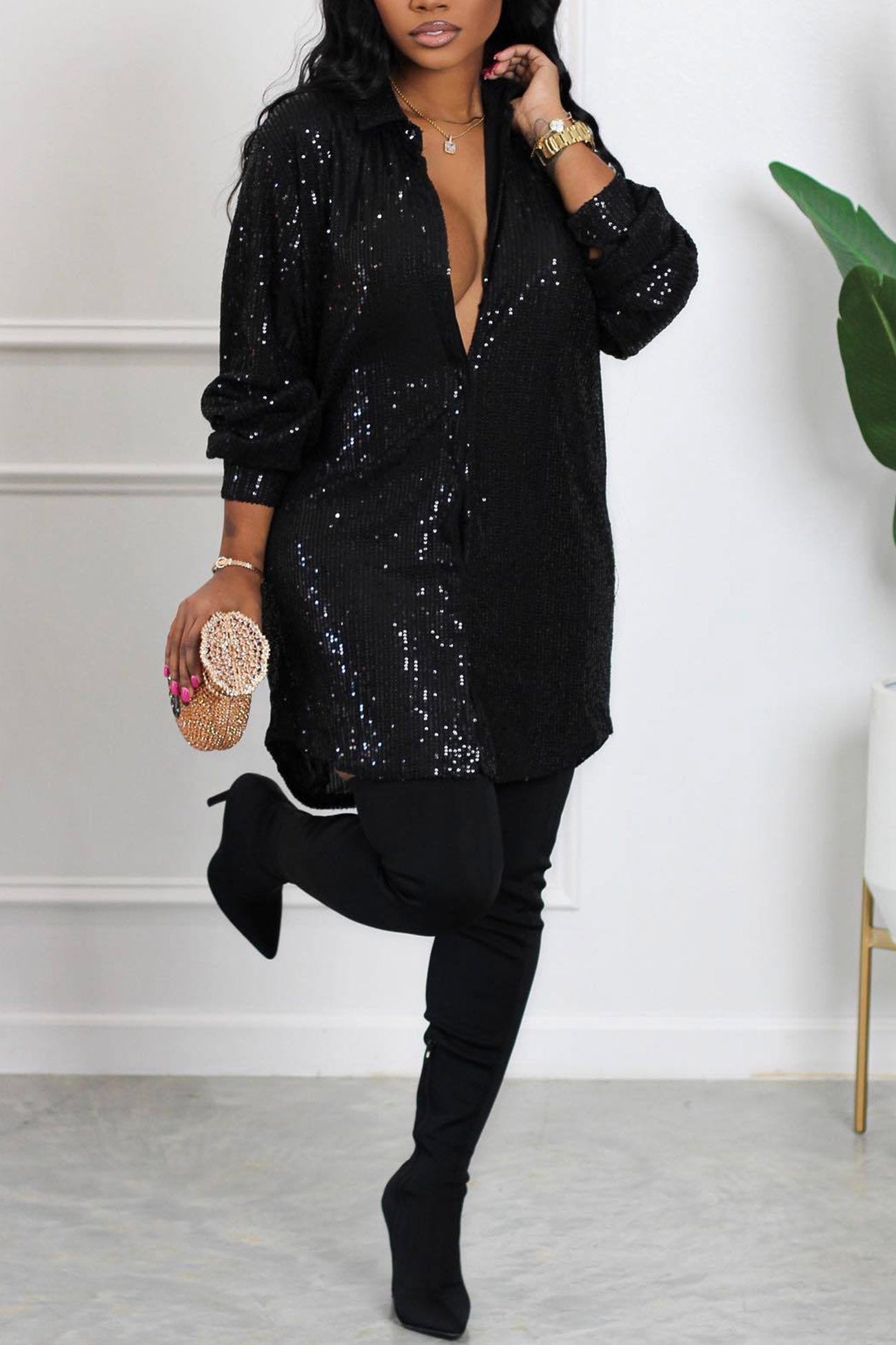 BXOXO - Sequins Solid Shirt Dress