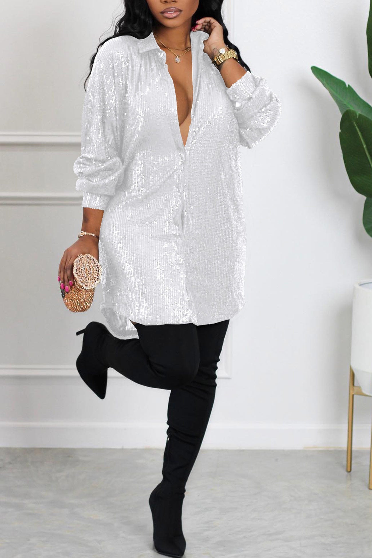 BXOXO - Sequins Solid Shirt Dress