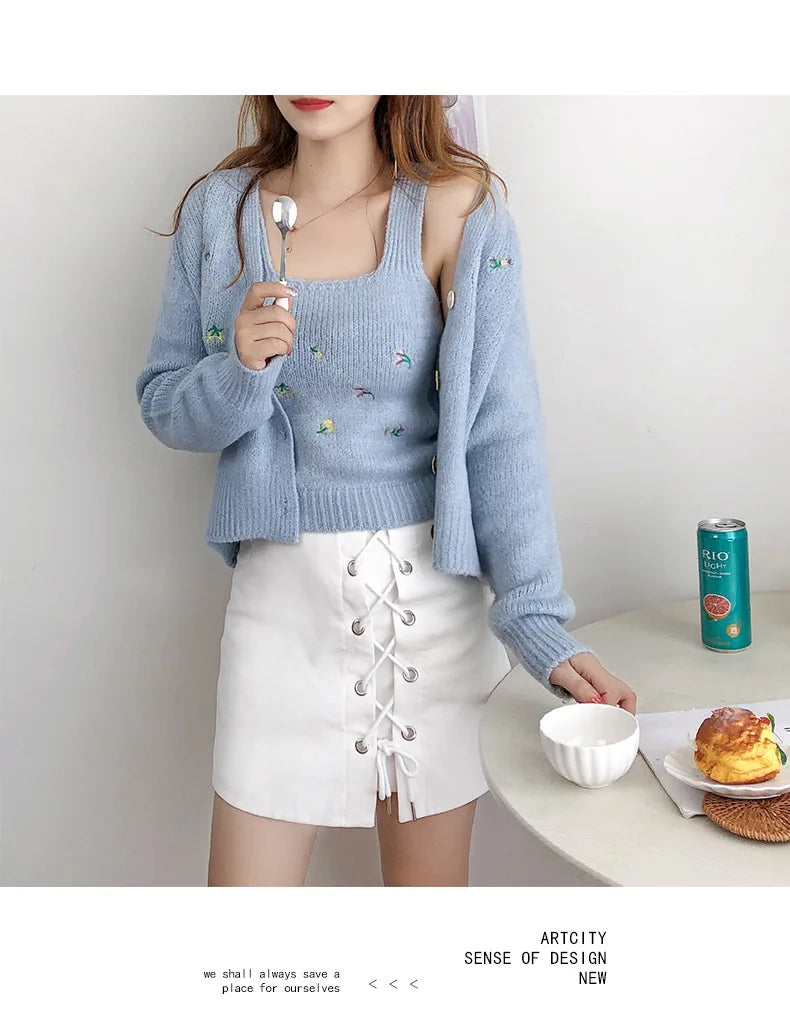Bxoxo Two-piece Top Suit Flower Embroidered Knitted Korean Style Cardigan Autumn Fashion Sling Sweater Slim Sweet Jacket Sets