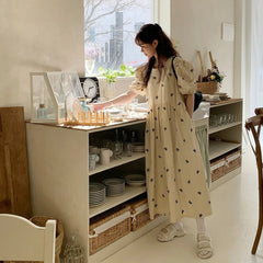 Bxoxo Knot Embroidered Loose Bubble Sve Dr Chic Agel Casual Cotton Long Dr round Ne A-Line Gown