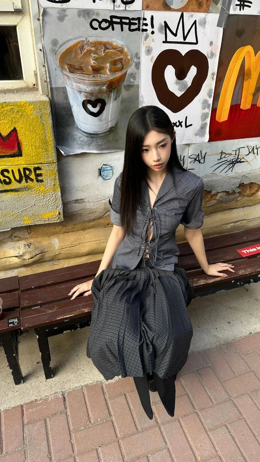 BXOXO Korean Shirt Women Lace Up Striped Slim Shirt Y2k Vintage Tops Half Sleeve Streetwear Japanese 2000s Hollow Out Shirts