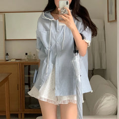 Bxoxo Women's Summer Fre Loose Slimming Japanese Sle Plaid ort Sve irt with Hood Sweet Sle Regular Length Single Button