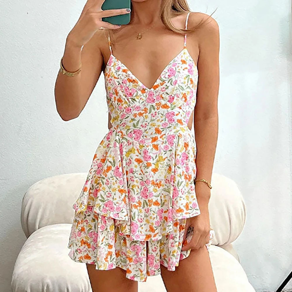 BXOXO Fashion Floral Print Dress For Women Summer Vacation Beach Clothing 2024 Ladies Streetwear Suspender Skirt Sleeveless Mini Dress