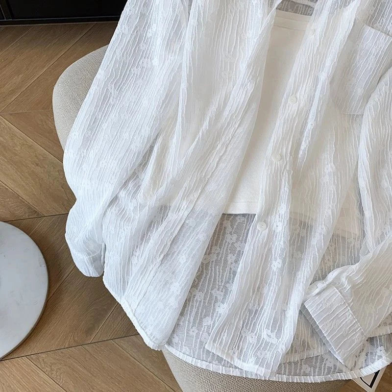 Bxoxo Embroidered Lace Shirts Women Summer Loose No Sling Korean Button Simple Shirt Fashion Baggy All Match Thin Sun Protection Top