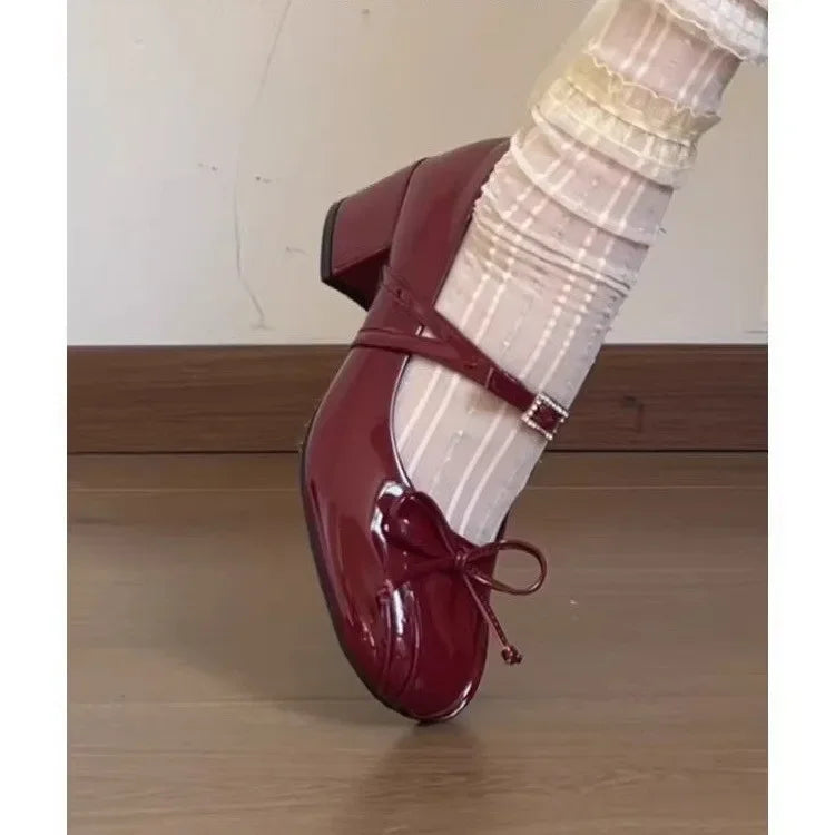 Bxoxo Luxurious Knot Mary Jane Shoes for Women with Thick Heel And Single Strap Spring Fashionable Leather High Heels round Toe