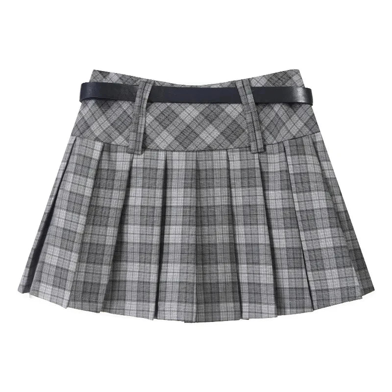 Bxoxo Vintage Plaid Women Pleated Skirts Y2K High Waist Preppy with Belt Mini Skirts Spring Korean All Match Ladies A Line Skirts New