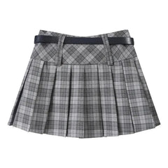 Bxoxo Vintage Plaid Women Pleated Skirts Y2K High Waist Preppy with Belt Mini Skirts Spring Korean All Match Ladies A Line Skirts New
