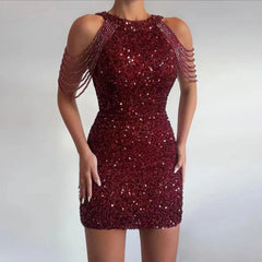 BXOXO Sexy Off Shoulder Sleeveless Slim Mini Party Dress Ladies Elegant Sequin Shiny O Neck Dress Summer Women Hip Dresses