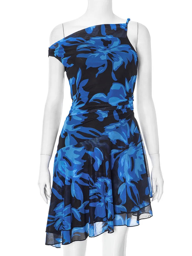 BXOXO Blue Print Ruffled Sexy Mini Dress For Women Robe Irregular Oblique Shoulder Sleeveless Backless Club Party Dress Beach