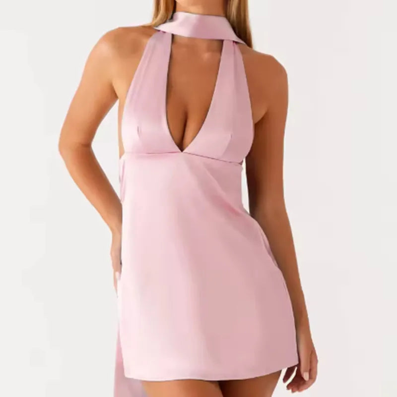 BXOXO Fashion Women's Halter Dress with Collar 2 Pcs Set Stylish Solid/Floral Print Deep V Neck Sleeveless Mini A-Line Dress