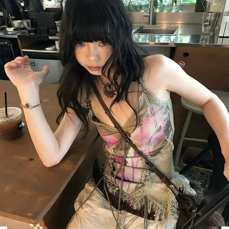 BXOXO Gothic Tank Tops Women Sleeveless Tie Dye Y2k Vintage Crop Tops Streetwear 2000s Japanese Lace Up Camis E-girls Summer