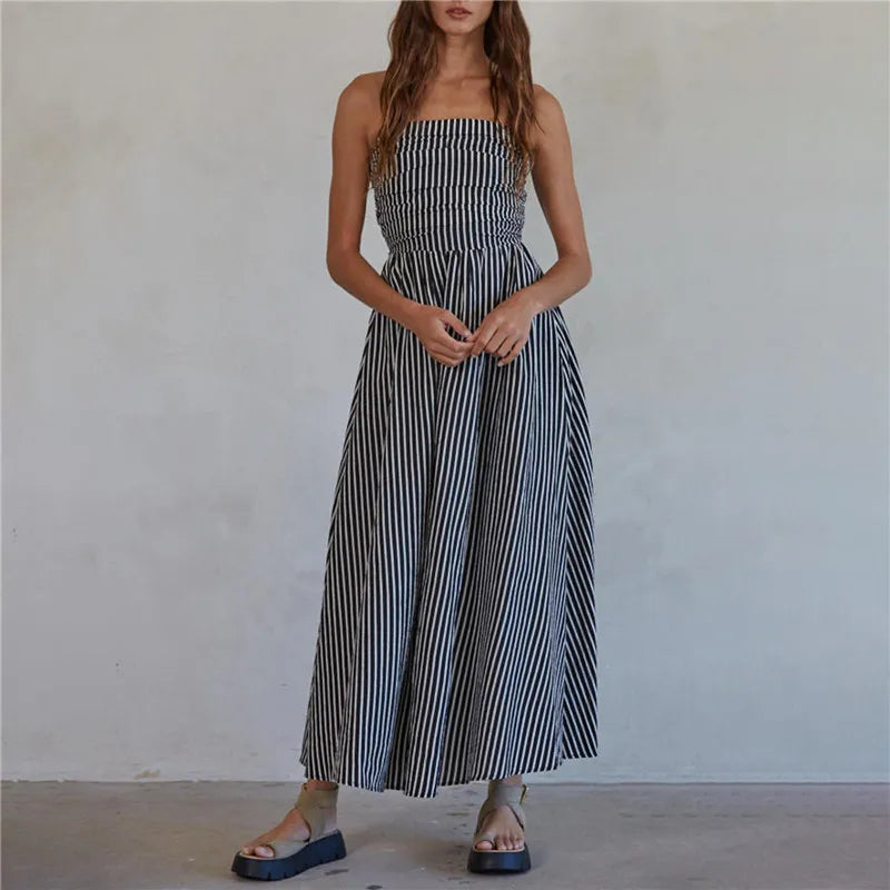 BXOXO Women Striped Strapless Maxi Dress Flowy Smocked Backless Tube Long Dress Swing Casual Summer Sundress with Pockets