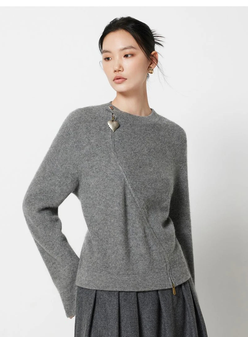 Bxoxo Streetwear Gray Sweaters Women Long Sleeve Vintage O Neck Love Zipper Knitted Cardigan Casual Retro Korean Female Tops Fall