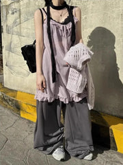 Bxoxo Harajuku Japanese Style Tank Tops Women Vintage Polka Dot Ruffle Sleeveless Mesh Dress Sexy See-through Layered Wear