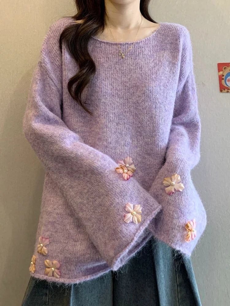 Bxoxo Sweet Floral Chic Sweater Women O Neck Cute Long Sleeve Knitted Jumpers Fashion Preppy Style Loose Lazy Wind Lady Fall Pullover