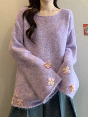 Bxoxo Sweet Floral Chic Sweater Women O Neck Cute Long Sleeve Knitted Jumpers Fashion Preppy Style Loose Lazy Wind Lady Fall Pullover