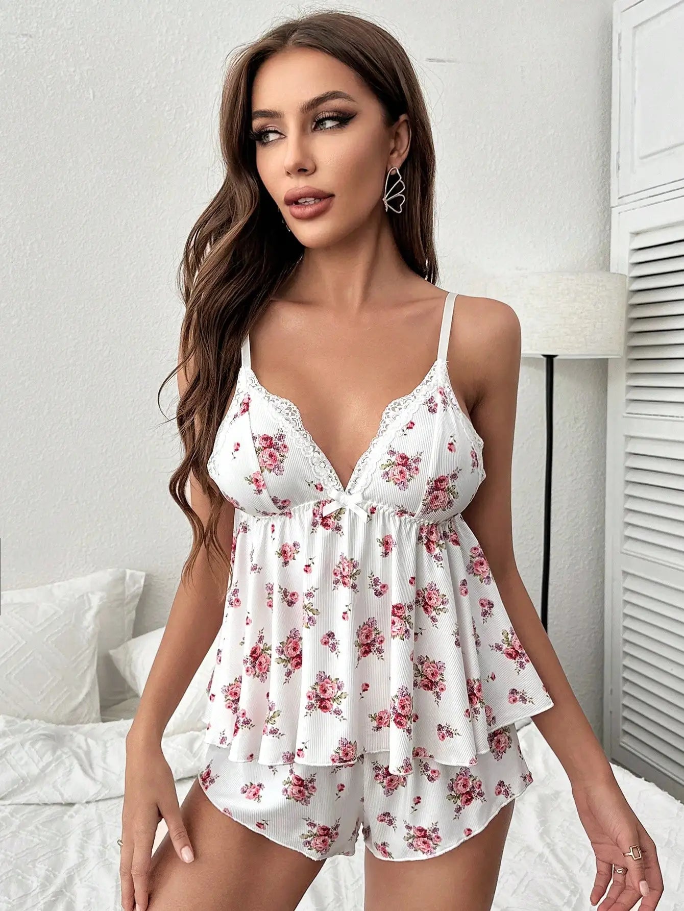 BXOXO Women's Summer Sleepwear Suit Vintage Floral Print Camisole and Shorts Comfy Nightwear Spaghetti Strap Pajamas Set