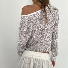 Bxoxo Retro y2k Leopard Print Cropped Top Women Autumn Casual V-neck Long Sleeve T-shirts Vintage 2000s Tees Aesthetic Harajuku