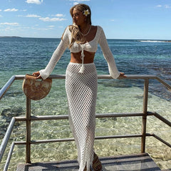 BXOXO Women Crochet Knitted Skirts Set Hollow Out Lace up Swimsuit Cover Ups 2Pcs Knitted Outfits Set Swim Beachwear