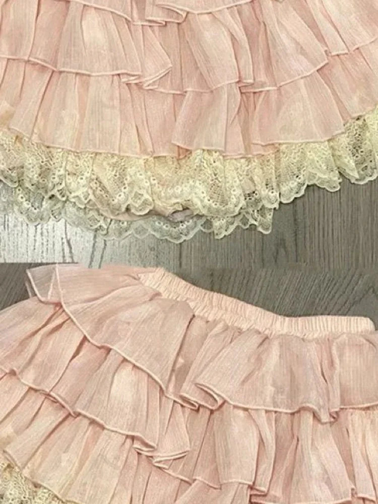 Bxoxo Pink Sweet Lace Patchwork Mini Skirt Women Low Rise Kawaii Lolita Ruffle Dance Skirt Y2K Japanese Streetwear Ruffle Fairy Faldas