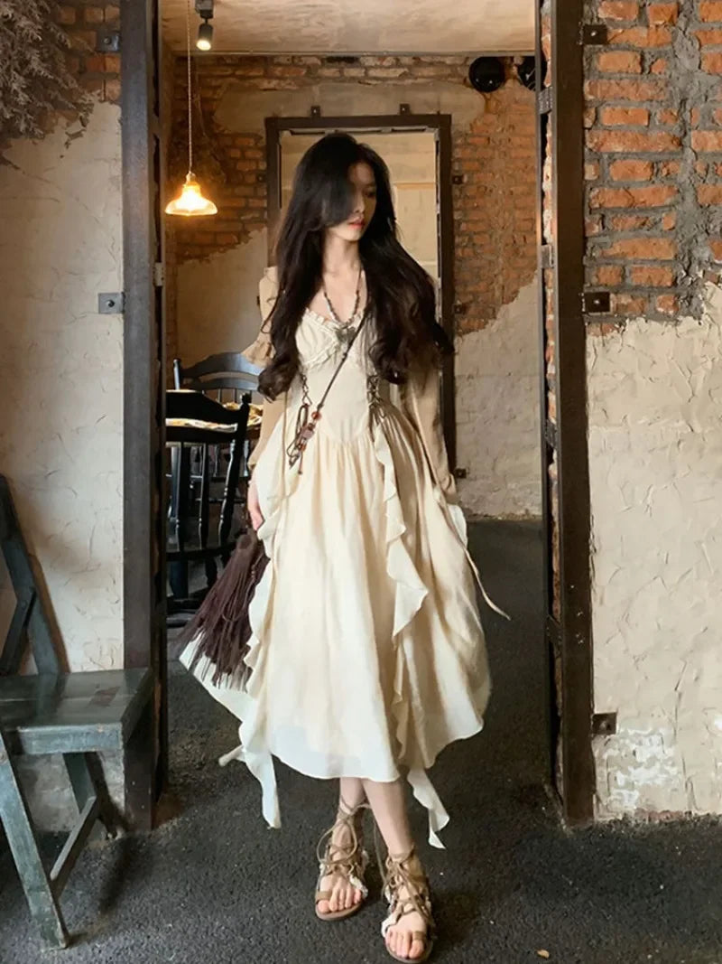 Bxoxo French Fashion Retro Vacation Style Camisole Dress+cardigan Two-piece Set Summer Temperament Long Dresses Female Clothing