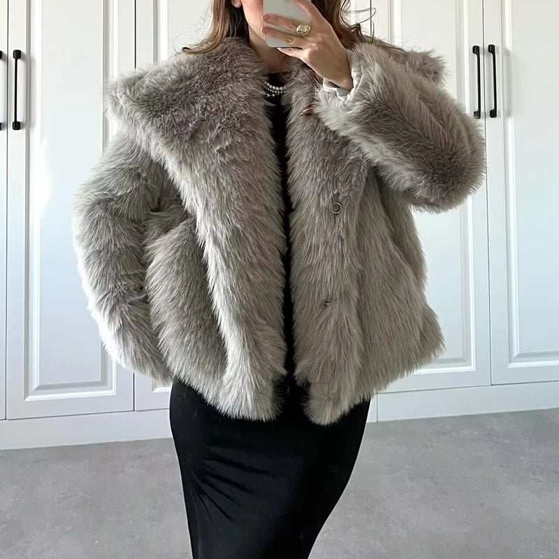 BXOXO Women Faux Fur Coat Warm Winter Long Sleeve Lapel Collar Coat Outwear Elegant Lady Fashion Jacket 90s Vintage Y2K Streetwear