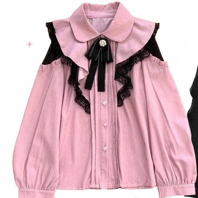 BXOXO Japanese Kawaii Girl Sweet Cute Lolita Hollow Out Shirt Autumn Y2k Aesthetic Lace All Match Blouse Top Women New JK Loose Blusas