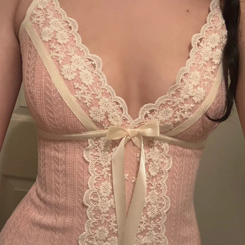 BXOXO Contrast Lace Trim Patchwork Camisole Y2K Aesthetic Bow Tie-up Straps Crop Tops Ribbed Corset Cute Skinny Vest Lolita Tops