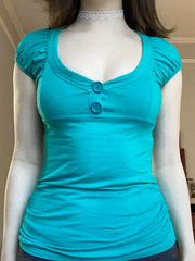 BXOXO Japan Style Solid Cute Button O-Neck T-Shirts Summer Sweet Chic Basic Blouses Fashion Trendy Clothes