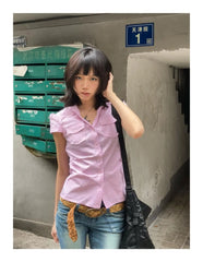Bxoxo Y2k Fairycore Striped Shirt Women Short Sleeve Pocket Casual Shirt Japanese 2000s Blouse And Shirt American Retro Tops